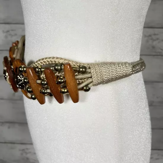 Wood Beaded Natural With Gold Accent Nylon Rope Concho Belt S/M