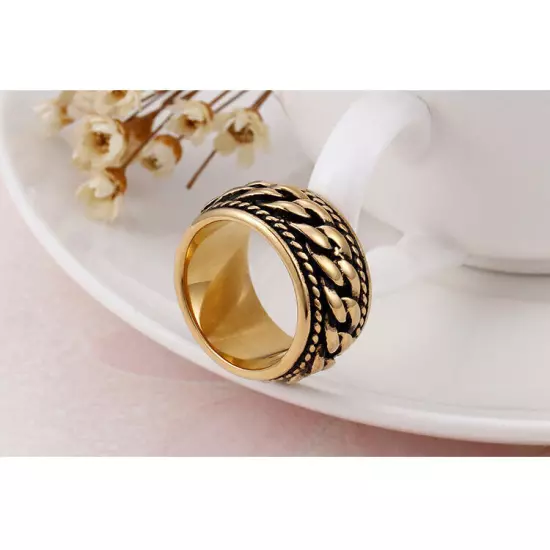 12MM Width Biker Chain Wedding Ring Stainless Steel Men's Punk Ring Gold Plated