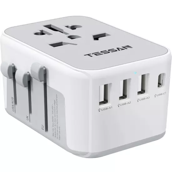 Universal Travel Adapter, International Plug Adapter, 4 puertos USB (1 USB C)