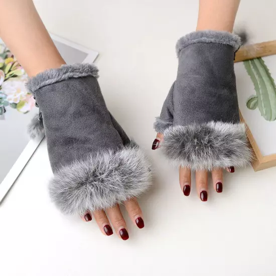 Womens Winter Warmer Fingerless Gloves Faux Rabbit Fur Suede Wrist Solid Mittenღ