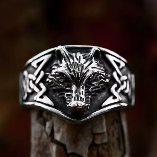 Vintage Celtic Knot Viking Wolf Ring Stainless Steel Men's Retro Biker Wolf Ring