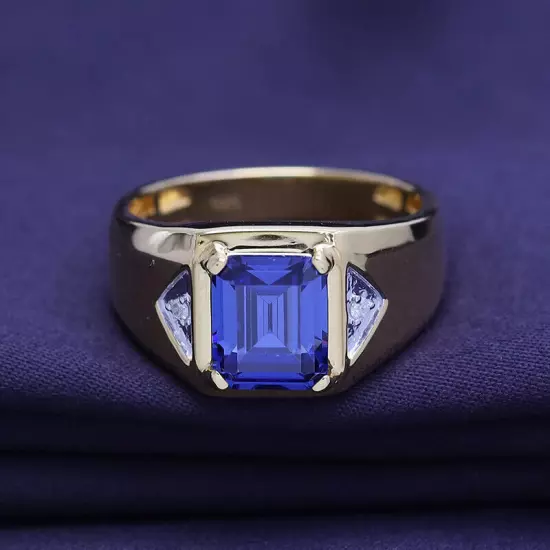 14K Gold Plated Simulated Blue Sapphire Diamond Accent Ring For Mens