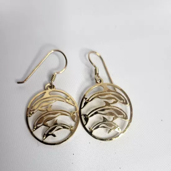 Dolphin Earrings French Hook Gold Tone Open Metal Work Drop Dangle