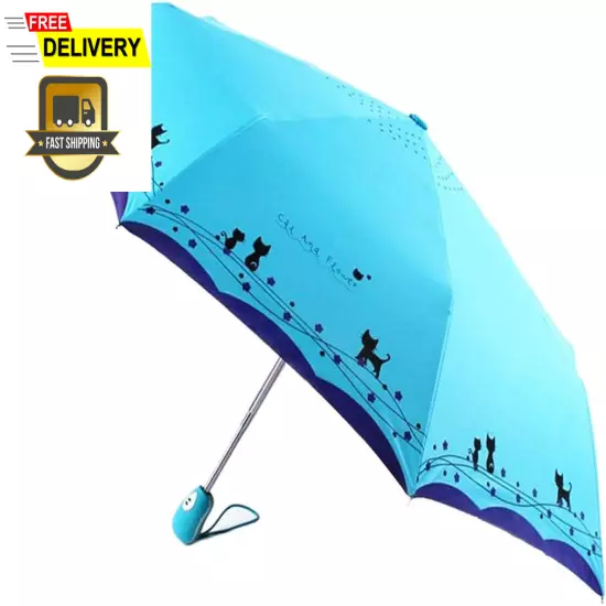 Windproof Compact Travel Folding Cute Cat Umbrella,Auto Open Close Rain&Sun USA.