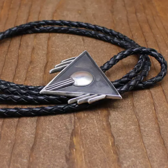 Sterling Silver Triangle Bolo Tie with a Disc and Silver Vertical Lines