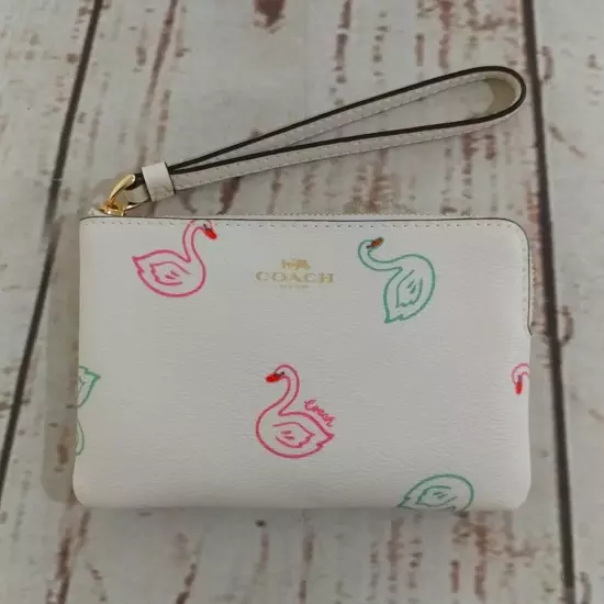 Coach Corner Zip Swan Print Wristlet - 2463