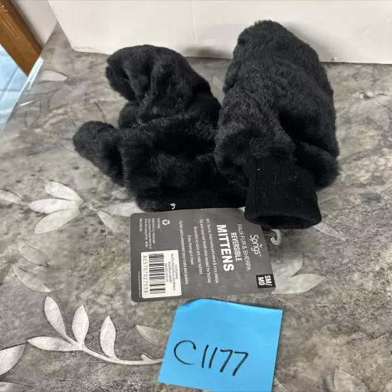 Sprigs Faux Fur & Sherpa Reversible Mittens Black Small/medium Size