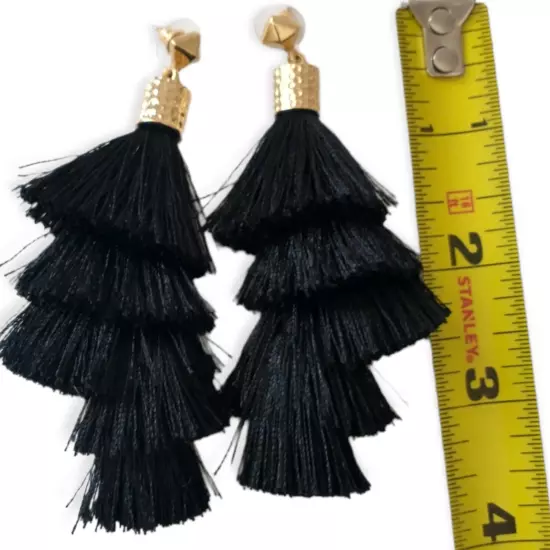 Tassel Dangle Earrings Long Witchy Black Gold Tone Lightweight Gypsy Boho Hippie