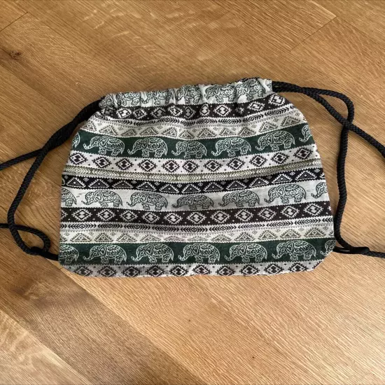 Small Handmade Drawstring Bag: Elephants With Zippered Front Pocket Detail