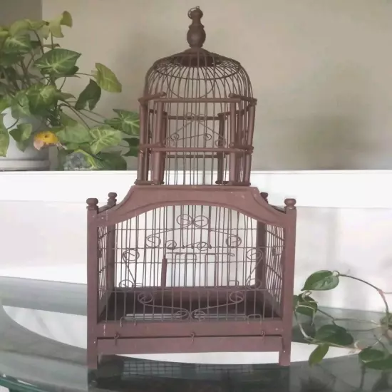 Vintage Bird Cage Small Dome Top Wire Swing Spring Door Hinged Bottom Opens