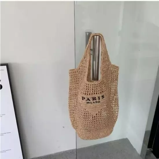 Natural Raffia Knit Tote Bag w Embroidered ‘Paris Milano’ Triangle Design Hobo