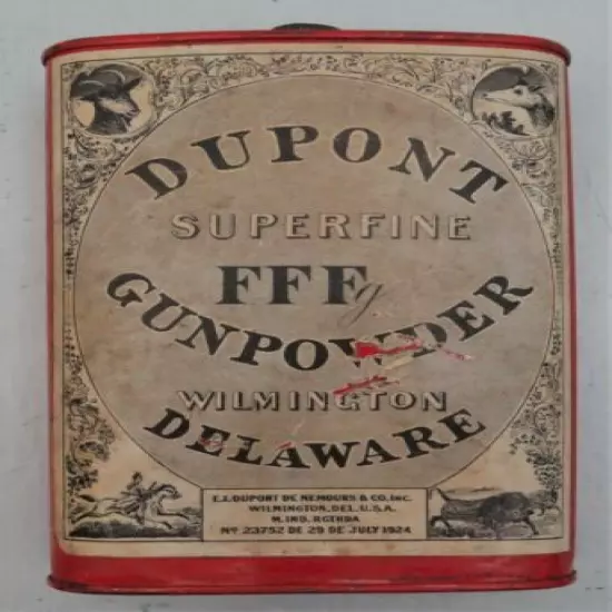 Empty Dupont Oval FFFg Powder Can w/1924 Pat. Date Label