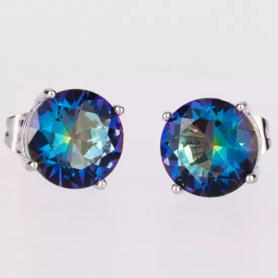 8mm Round Blue Rainbow Mystic Topaz Silver Jewelry Stud Pierced Earrings