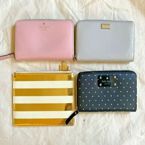 LOT 4 VINTAGE KATE SPADE ZIPPER WALLETS CLUTCH PINK GREY BLACK GOLD STRIPES