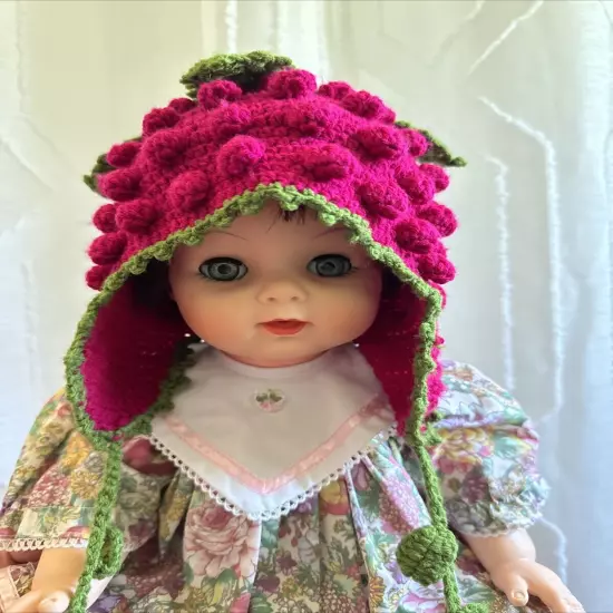 Handmade Pink Green Raspberry Knitted Hat Beanie With Flowers