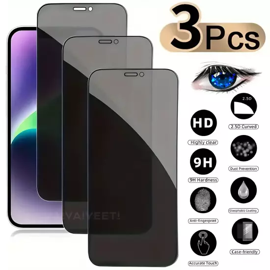 3X For iPhone 16 15 14 13 12 11 Pro Max Privacy Tempered Glass Screen Protector