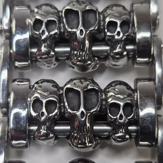 Men Silver Stainless Steel Bracelet Skull Chain Link Biker Goth 8.5"L x 1.25"W