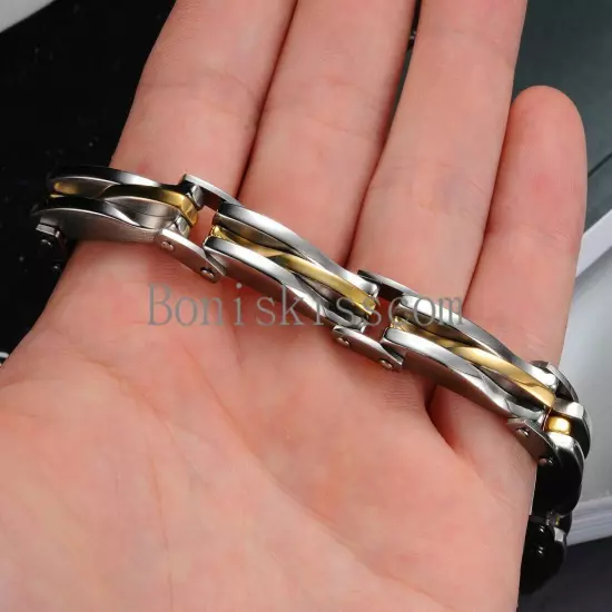 Two Tone Stainless Steel Men's Link Bracelet 8.66 Inch Length Silver Gold Color