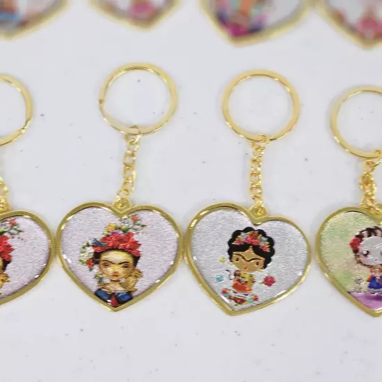 Lot 12 Frida Kahlo Gold Tone Keychain Heart Shape Drawing Mexico Souvenir 4" New