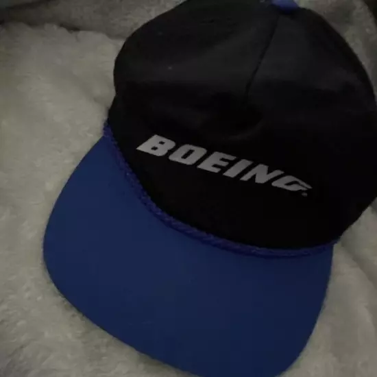 Vintage Boeing Hat Blue Black Trucker Rope Otto Cap Adj. Strap