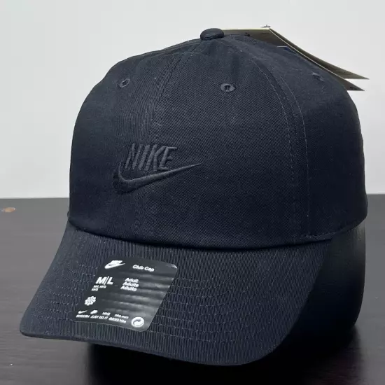 NEW! Nike Club Hat Cap Adult Adjustable M/L Black Blackout Logo Golf Unisex