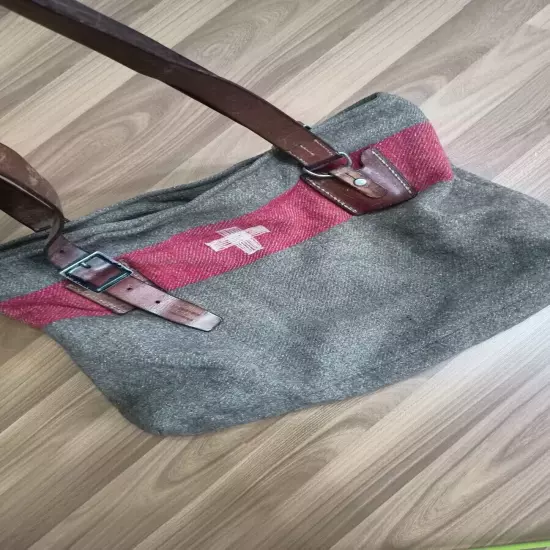 Swiss travel, shopping bag made of army blanket and leather belts