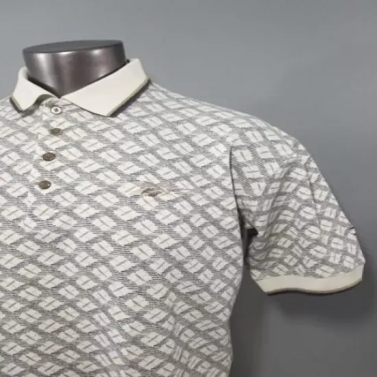 Reebox Vintage 1980s Polo Golf Shirt Cream Grey Geometric Print Mens Size Large