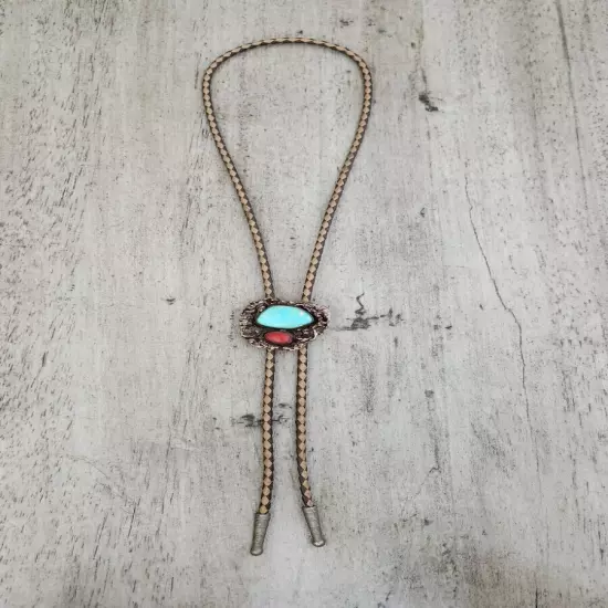 Vintage Navajo Sterling Silver With Turquoise And Coral Stone Bolo Tie