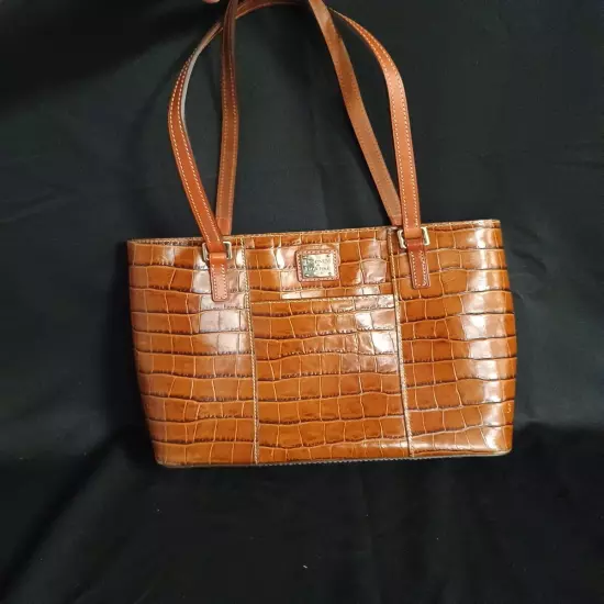 Dooney & Bourke Croc Embossed Leather Tote Large Shoulder Bag Cognac Brown Purse