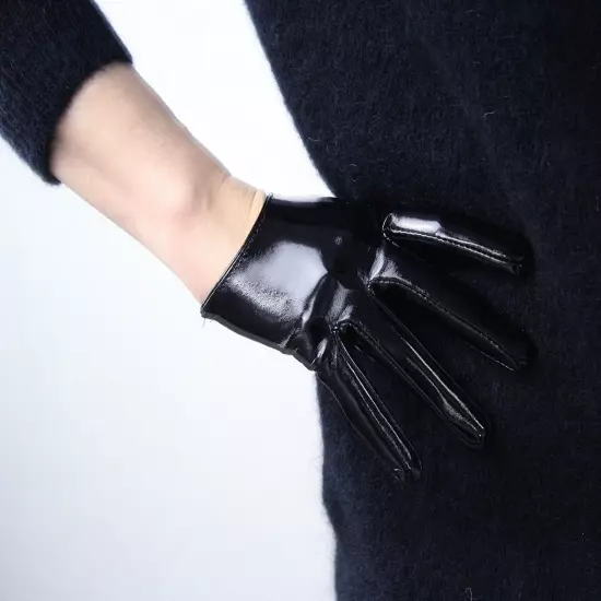 LATEX GLOVES Shine Leather Faux Patent Vegan PU 8" 21cm Short Basic Shine Black