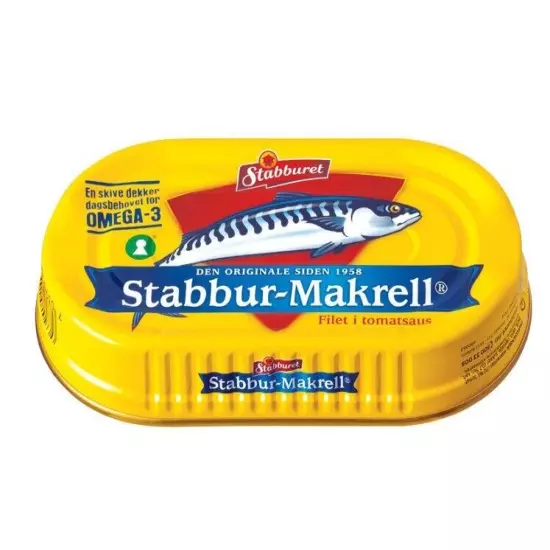 Norwegian Stabburet "Makrell i tomat" - Mackerel in tomato sauce. 170 grams tin