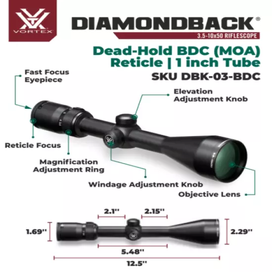 Vortex Optics Diamondback 3.5-10x50 Riflescope Dead-Hold BDC MOA with Hat Bundle