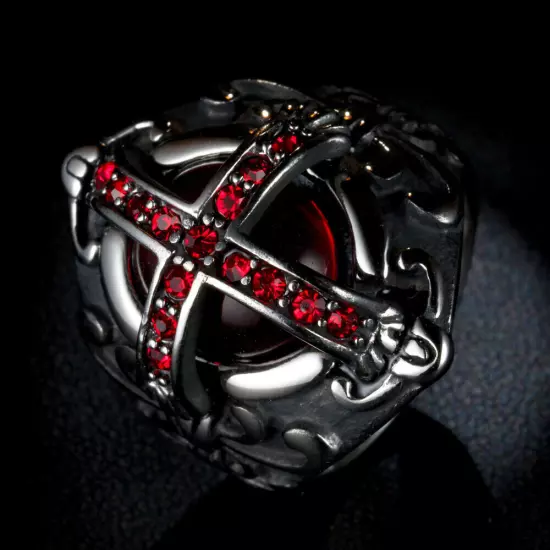 Gothic Cross Vampire Red CZ Blood Ring Stainless Steel Men Crusaders Biker Ring