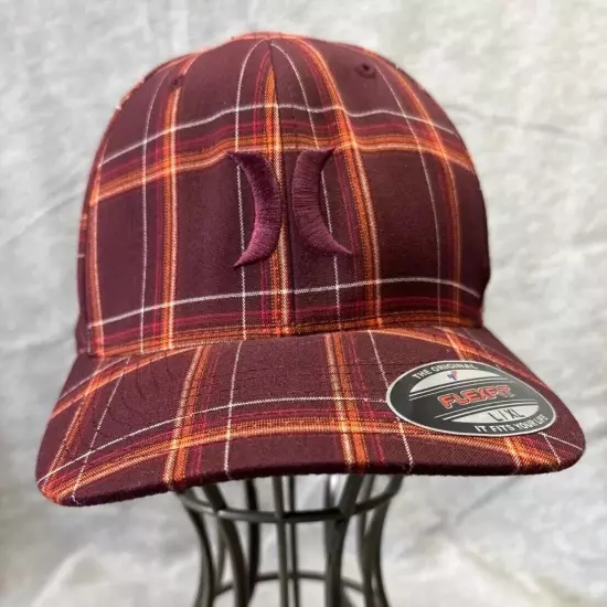 Hurley Hat Cap Flexfit Plaid Orange Red Brown L-XL Yupoong Puerto Rico Surf