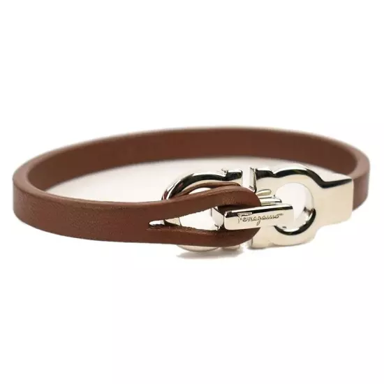 SALVATORE FERRAGAMO Mens Brown Leather GANCINI Clasp Bracelet Italy NWOT