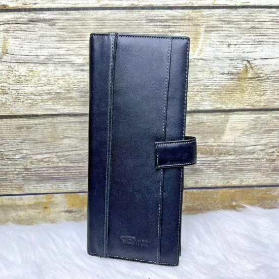 Leed's Highmark Black Genuine Leather Travel Wallet Passport Snap Strap