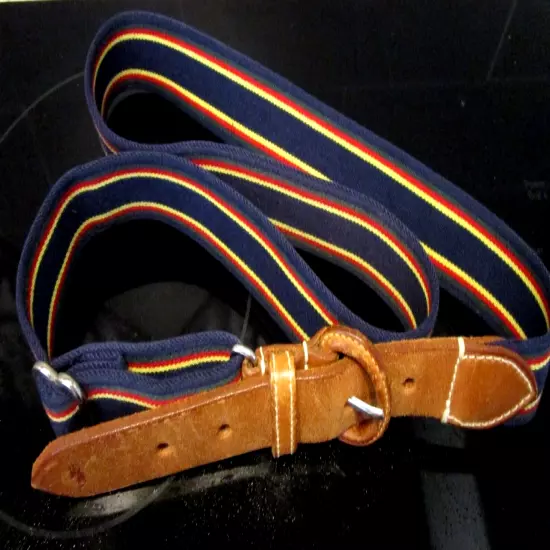 Ralph Lauren Polo Stripes Stretch Belt Navy Yellow Red Canvas Leather Buckle EUC