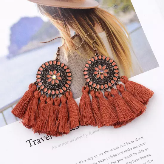 Fashion Women Bohemian Earrings Long Tassel Fringe Drop Dangle Ear Stud Jewelry