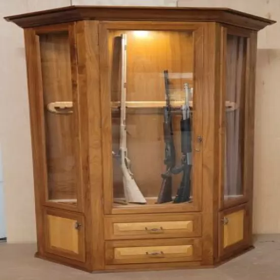 Walnut Gun Cabinet, 7' tall, 4' wide, 16" deep with fabric lined drawers.