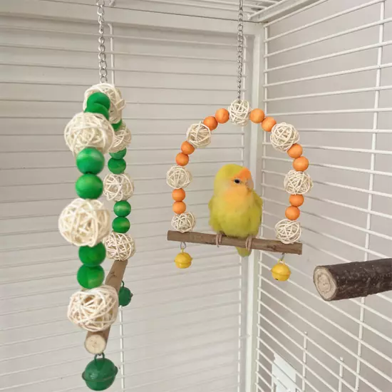 Rattan Bird Swing Perch Toy Wood Bead Hanging Parrot Standing Toy Claws Grinding