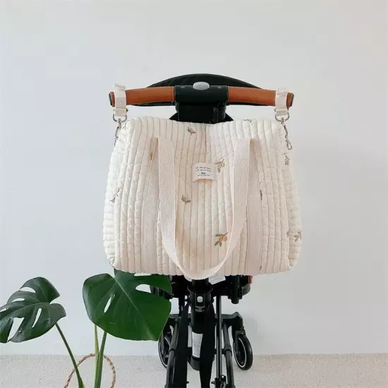 Flower Embroidery Pattern Baby Beige Cotton Fabric Zipper Diaper Handbag Bag