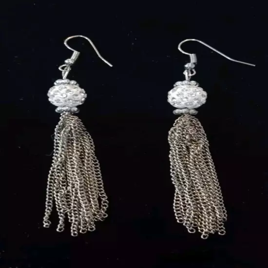 White Rhinestone Shambala Bead Tassel Dangle Earrings