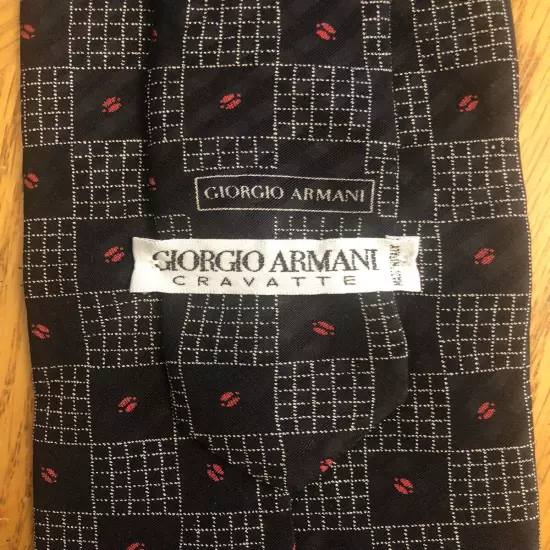 Giorgio Armani Silk Tie, Black Red & Silver Geometric Design