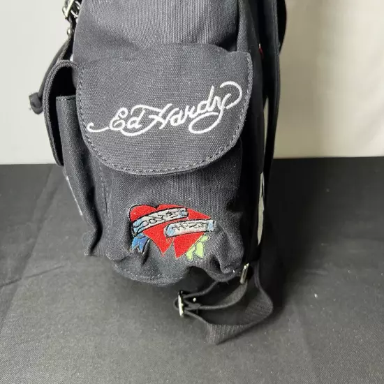 Ed Hardy Black Canvas Satchel Book Bag Backpack Bat Flowers + Makeup Bag