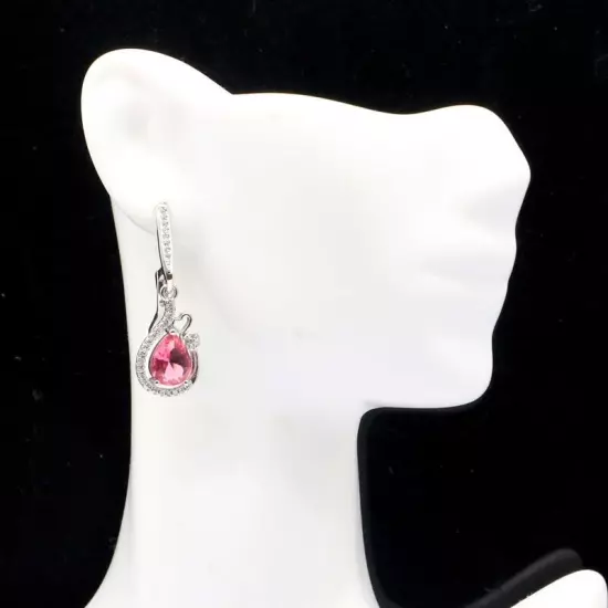 Gorgeous Pink Tourmaline White CZ Woman's Wedding Silver Earrings 