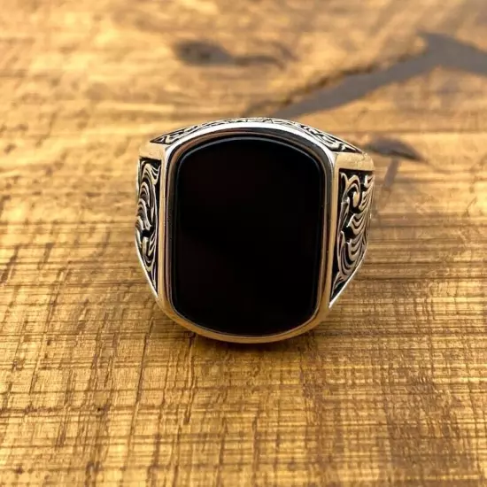 Solid 925 Sterling Silver Men's Ring With Black Onyx Natural Gemstone Jewelry