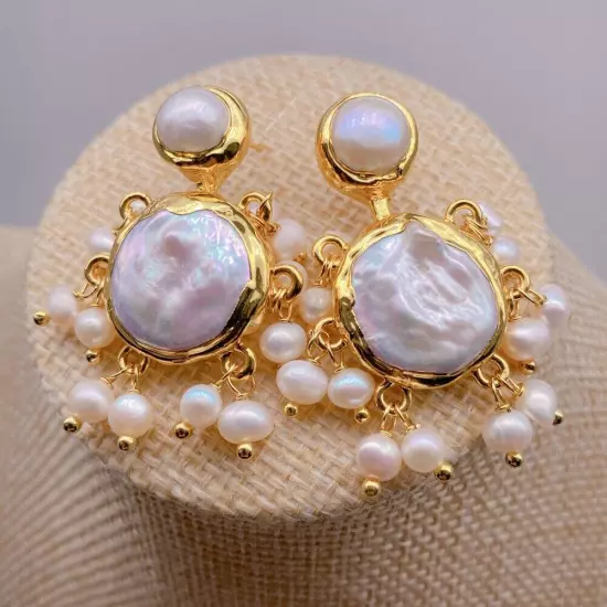 natural Cultured White Coin Pearl Dangle Stud Earrings