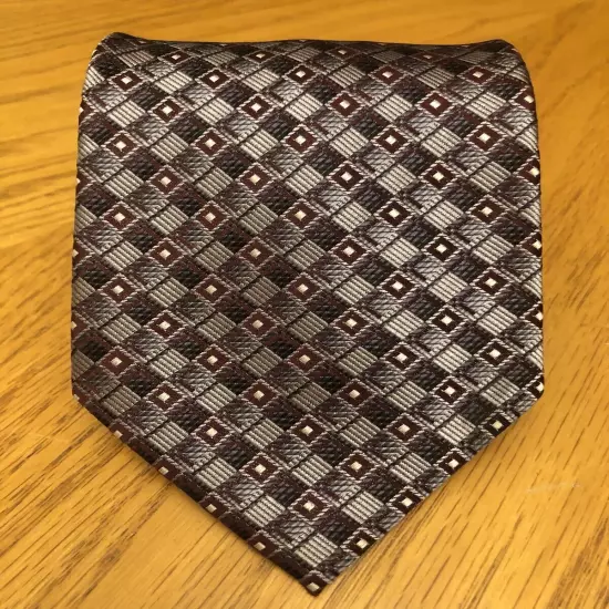 Pronto Uomo Silk Tie, Brown Black Gray & White Geometric Design 