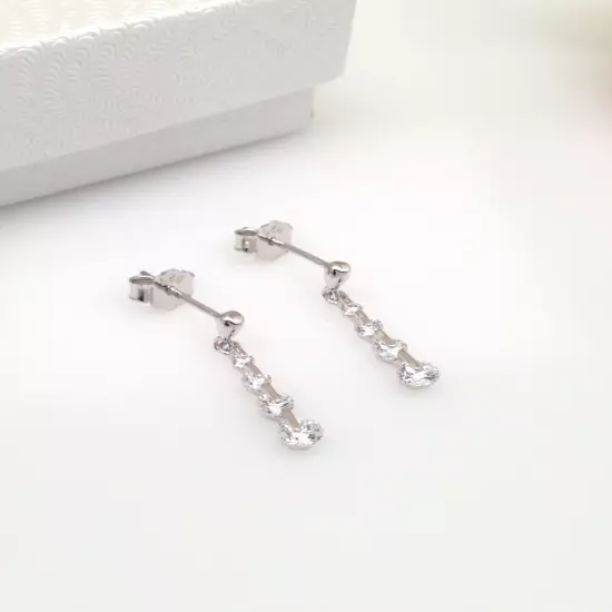 Dainty Graduated Cz Dangle Earrings 925 Sterling Silver Tiny 19mm x1.5/3.2mm