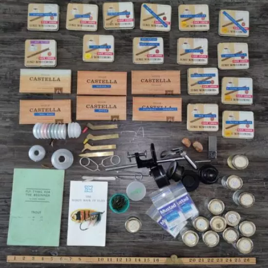 VINTAGE FLY TYING KIT TOOLS FEATHERS ETC